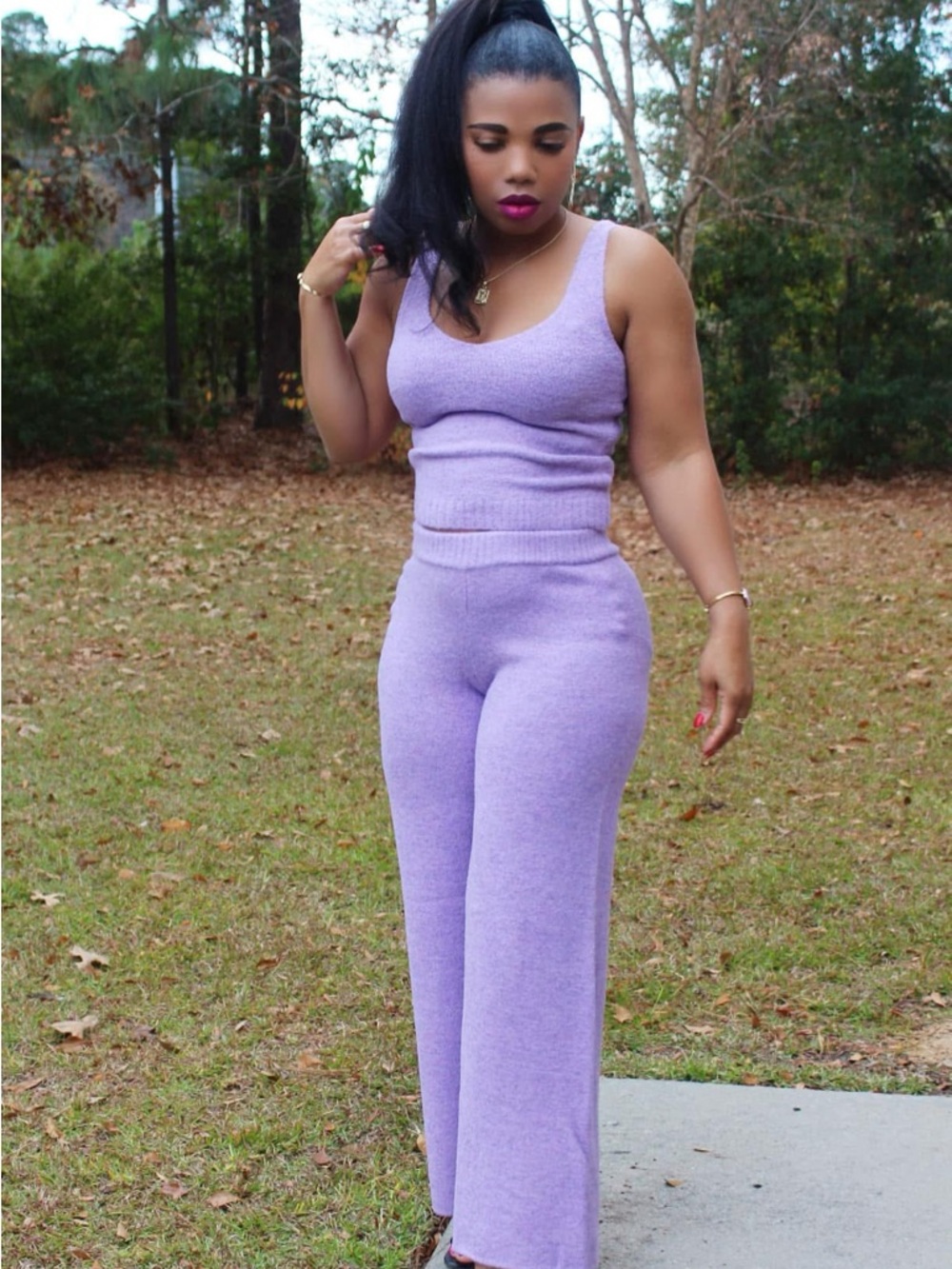 Lilac Knit Tank & Wide-Leg Pants Set - Women